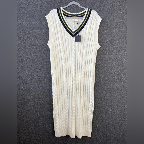 The Normal Brand Victoria V-Neck Cable Knit Sweater Dress Ivory NWT Large Preppy - Picture 4 of 14